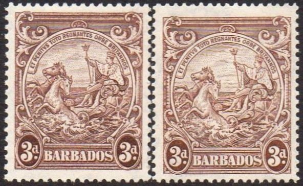 Barbados 1938 &1941 3d brown (both perfs) MH