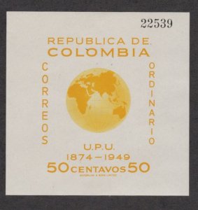 Colombia #  587, UPU 75th Anniversary Souvenir Sheet, Mint Hinged, 1/3 Cat.