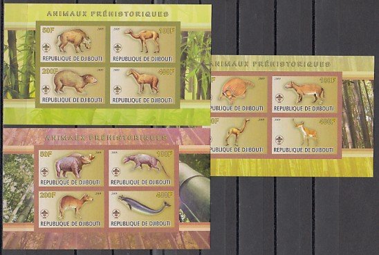 Djibouti, 2009 Cinderella issue. Prehistoric Animals. 3 IMPERF sheets of 4. ^