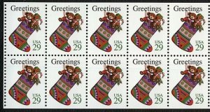 1994 Christmas Greetings Stocking Booklet Pane Of 10 29cStamps, Sc#2872, MNH, OG