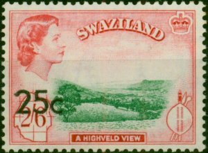 Swaziland 1961 25c on 2s6d Emerald & Carmine-Red SG74b Type II Bottom Left Su...