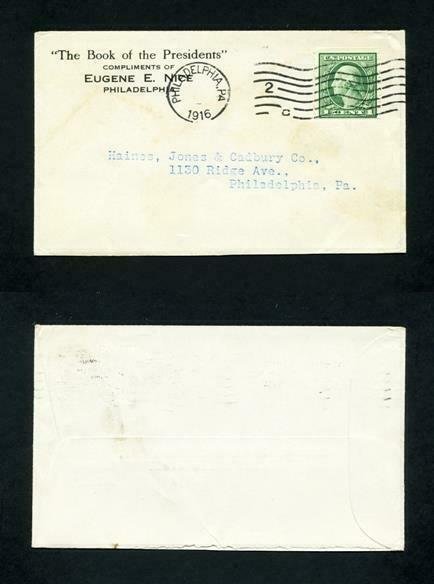 FREE SHIPPING - # 452 on cover from Eugene E Nice, Philadelphia, PA - 1916