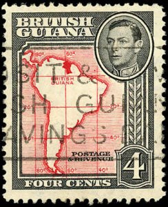 BRITISH GUIANA Sc 232 F-VF/USED - 1938 4¢ Map of South America - KGVI Pictorials