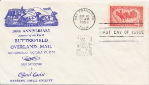 #1120 Overland Mail 1st Western cover Society Blue cachet First Day cover 