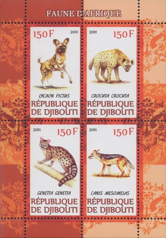 Djibouti Wild Animals Fauna of Africa Fox Souvenir Sheet of 4 Stamps MNH 