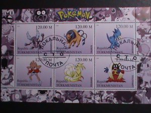 TURKMENISTAN -2000 LOVELY FAMPOUS POKEMON CTO FANCY POSTAL CANCEL S/S VF