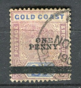 GOLD COAST; 1902 early classic QV surcharged issue ONE PENNY used
