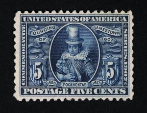 GENUINE SCOTT #330 VF-XF MINT OG NH 1907 BLUE 5¢ POCHONTAS JAMESTOWN EXPO #17790