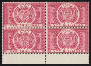 ORANGE FREE STATE 1882 Arms 5/- rose Postal Fiscal block. MNH **.