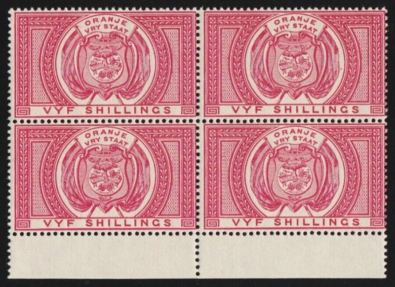 ORANGE FREE STATE 1882 Arms 5/- rose Postal Fiscal block. MNH **.