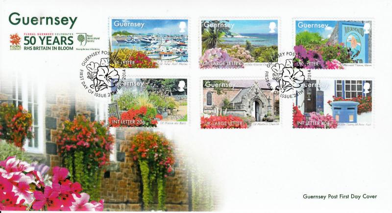 Guernsey 2014 FDC RHS Britain in Bloom 50 Years 6v Set Cover Flowers Herm SEPAC