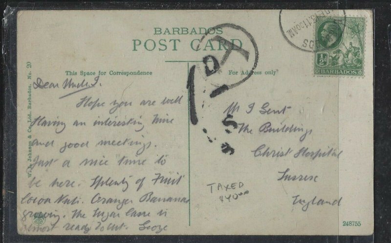 BARBADOS COVER (P1904B) 1913  KGV 1/2D SEAHORSE ON PPC SHORTPAID TAXED TO UK 