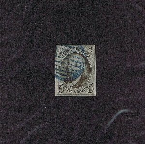 SC# 1a, USED, 5C, FRANKLIN, 1847, EASTERN R. R. BLUE 8 LINE GRID CANCEL, PF CERT 