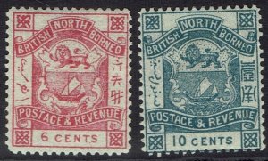 NORTH BORNEO 1888 ARMS INSCRIBED POSTAGE & REVENUE 6C AND 10C