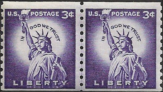 # 1057s WET PRINT SMALL HOLES MINT NEVER HINGED Line Pair STATUE OF LIBERTY