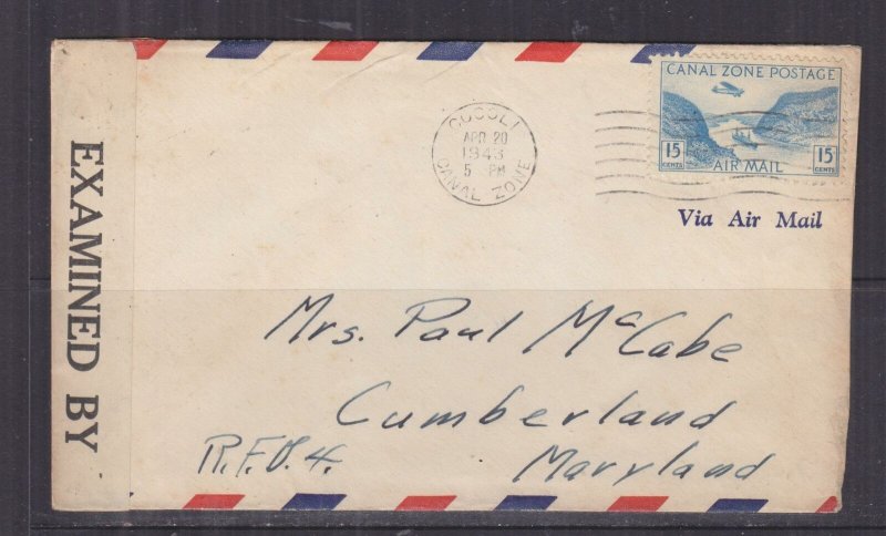 CANAL ZONE, 1943 Censored Airmail cover, Cocoli, 15c. to USA.