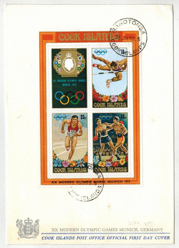 COOK ISLANDS FDC 1972 SOUVENIR SHEET 329A OLYMPIC GAMES MUNICH GERMANY