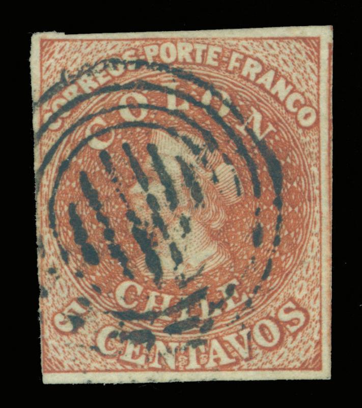 CHILE 1854 COLUMBUS  - Lithographed by Gillet - 5c red brown  Sc# 7a used FVF 