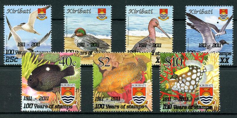 Kiribati 2011 MNH 100 Years of Stamps OVPT 7v Set Birds Ducks Gulls Fish Fishes