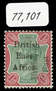 Br E.Africa 1895 QV 1r green & carmine OVERPRINT DOUBLE,ONE SIDEWAYS. SG 60d