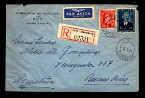 Norway 1958 Registered Airmail Cover to Argentina - Minor Corner Damage - L32606