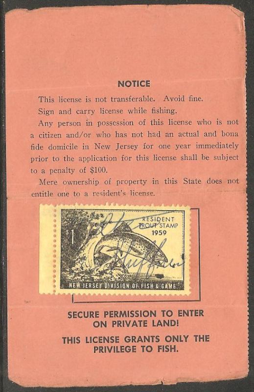 US NJT13 New Jersey Trout Revenue on License - 1959