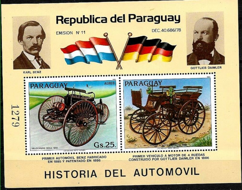 PARAGUAY 1983 OLD CARS MERCEDES BENZ DAIMLER S/SHEET YV BL 339 MI BL 389 MNH 