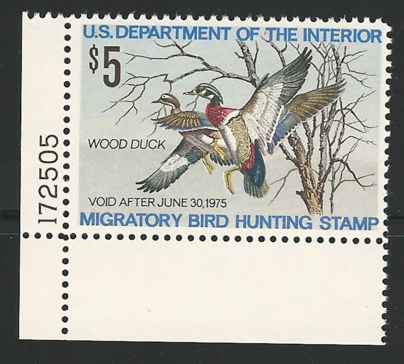 United States, 1974, Scott #RW41 w/Plate #, $5.00 Wood Ducks, mint, N.H., V.F.