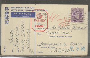 Great Britain  1944 P.O.W. Postal Card 3c violet to Osaka, Japan, British Censor, long message, no creases