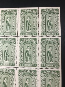 BRITISH COLUMBIA  # L23-MNH-FULL PANE OF 25-LAW STAMP--MAJOR PLATE FLAW-1912-16