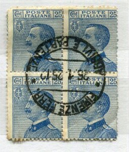 ITALY; 1920s early Emmanuel issue 25c. used POSTMARK BLOCK of 4