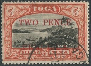 Tonga 1923 SG70 2d on 5/- Vavau Harbour #3 FU