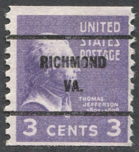 US Sc 842 Used 3c Prexy Coil, RICHMOND / VA. Precancel F, 842-61