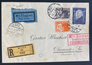 1932 Vienna Austria Airmail Registered Cover To Chemnitz Germany Sc#B99