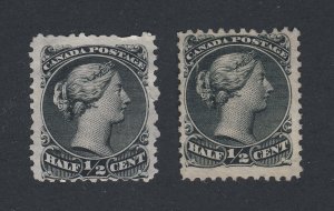 2x Canada Large Queen stamps; 2x #21-1/2c 1xF/VF 1xF MNG Guide Value = $150.00