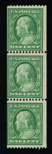 GENUINE SCOTT #385 MINT OG NH 1910 GREEN PERF-12 SL-WMK COIL STRIP OF 3 #6990