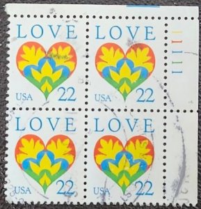 US Scott # 2248;  22c Love issue  from 1987; used; Plate Block of 4; VF; off pp