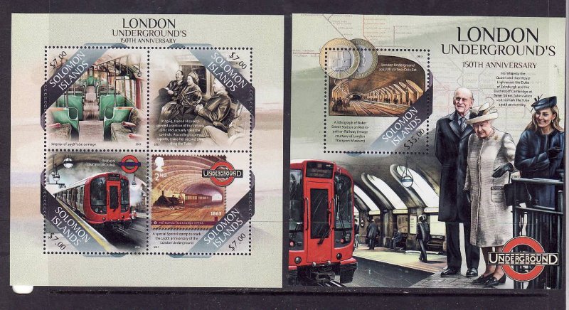 Solomon Is.-Sc#1370,1388-two unused NH sheets-London Underground-Trains-2013-