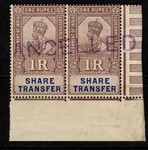 India 1923 1R Share Transfer Specimen Pair MLH / Light Toning - S1902
