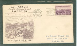 US 773 1935 3c California Pacific International Exposition (single) on an addressed (handstamp) first day cover with a Janis cac