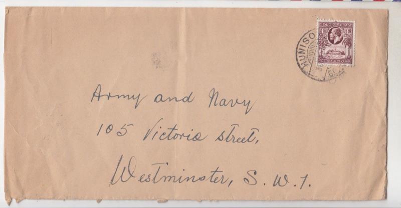 GOLD COAST, 1929 cover, KGV 1d., HUNISO to GB via Sekondi & Tarkwa.