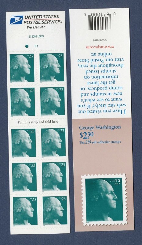 USA - Scott  3619e - FVF MNH booklet, P# 1 - 23 cents  George Washington -