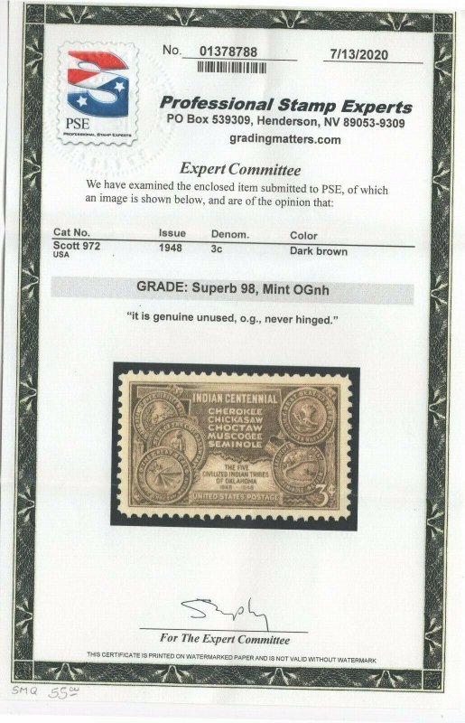 #972 Graded Superb 98 Mint OG NH w/PSE Cert. SMQ $55  (JH 8/23) 