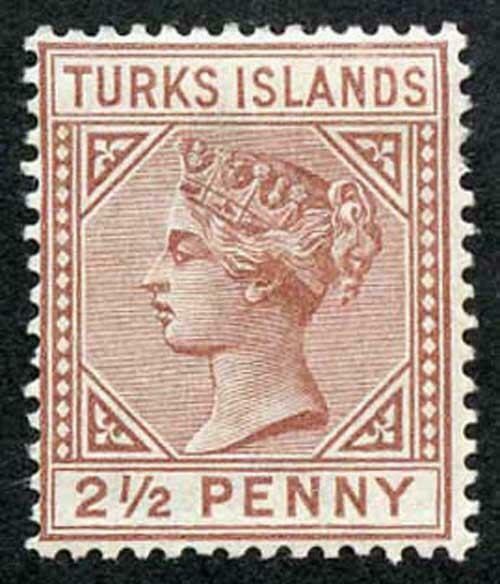 TURKS ISLANDS SG56 2 1/2d red-brown Wmk Crown CA Perf 14 M/M (hinge remainder)