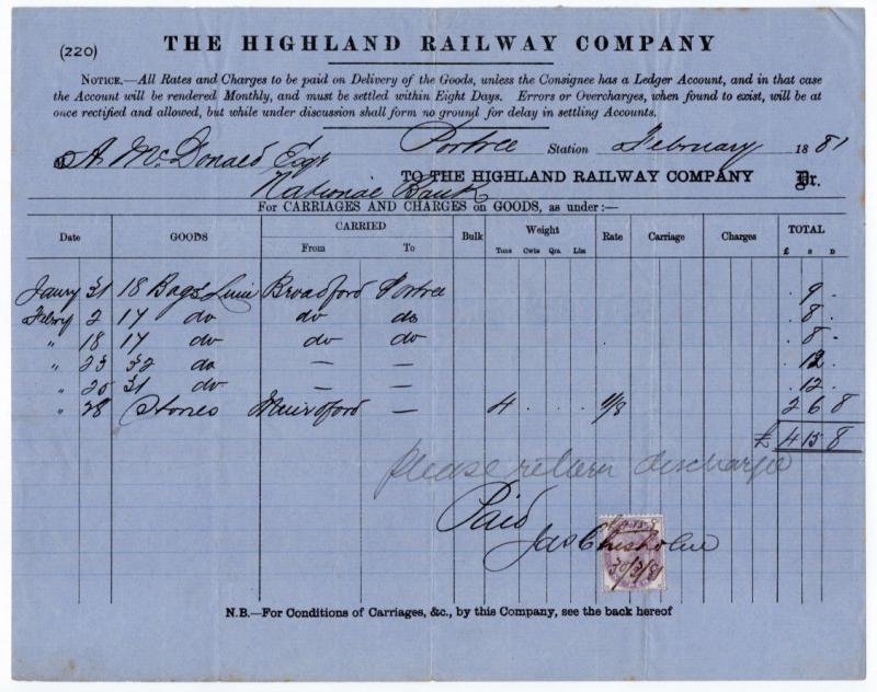 (I.B) The Highland Railway : Despatched Goods Invoice (1881)