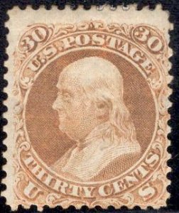US Stamp #71 30c Franklin Unused REGUMMED SCV $950. PSE Certification