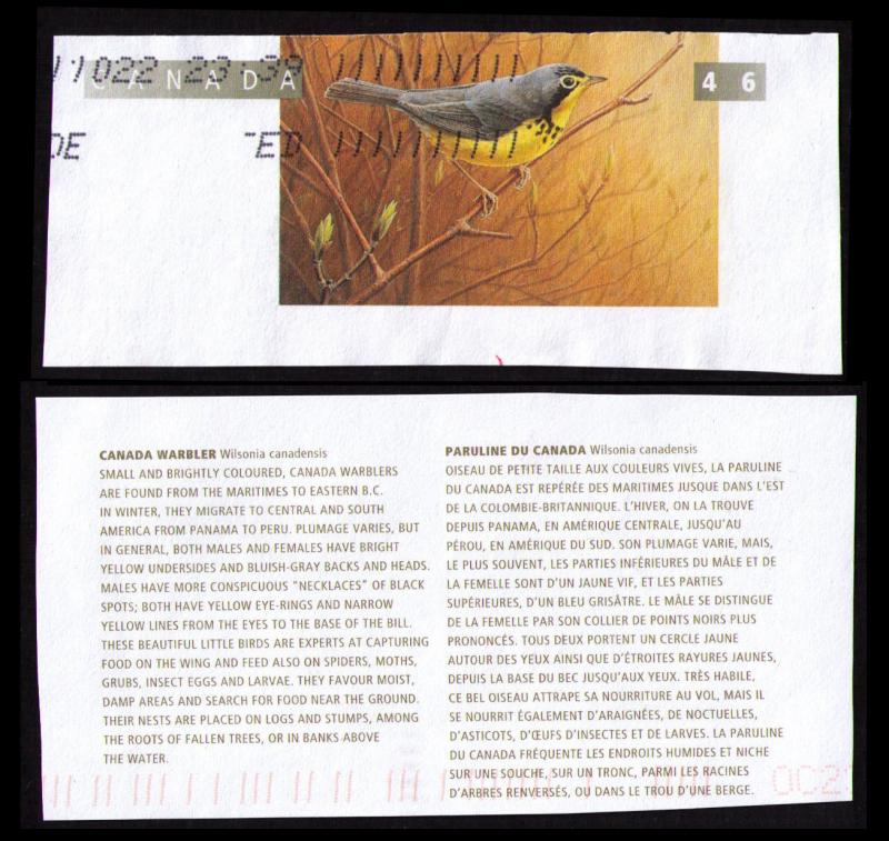 CANADA 1996 BIRDS TOPICAL CUT SQUARE #U160 CANADA WARBLER + CANADA POST LABEL