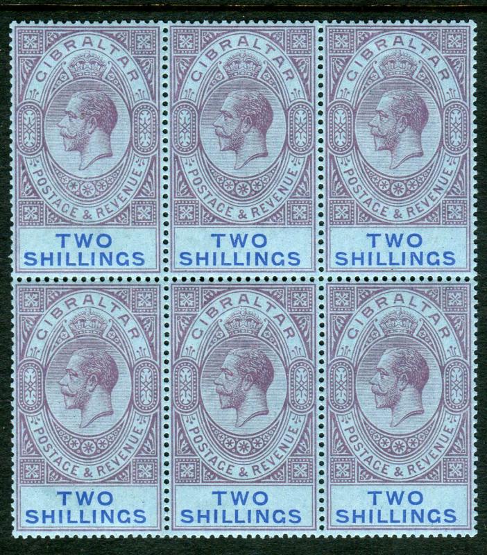 GIBRALTAR-1921-7 2/- Grey-Purple & Blue/Blue.  An unmounted mint block of 6 Sg 9