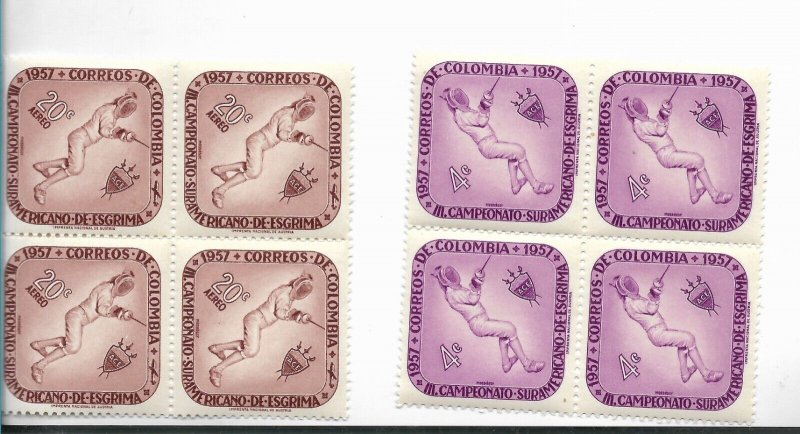 COLOMBIA 1957 SOUTH AMERICAN FENCING CHAMPIONSHIP 2 VALUES IN BLOCKS MINT NH