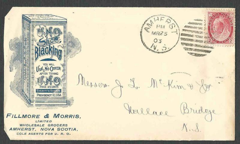 DATED 1903 COVER AMHERST NOVA SCOTIA FILLMORE & MORRIS SHOE BLACKING, SEE INFO